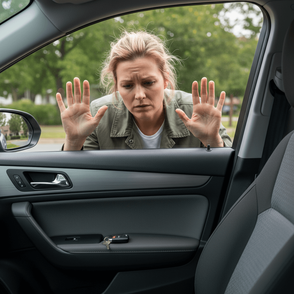 Geöffnete Autotür am Straßenrand, Techniker verstaut Öffnungswerkzeug neben dem Fahrzeug