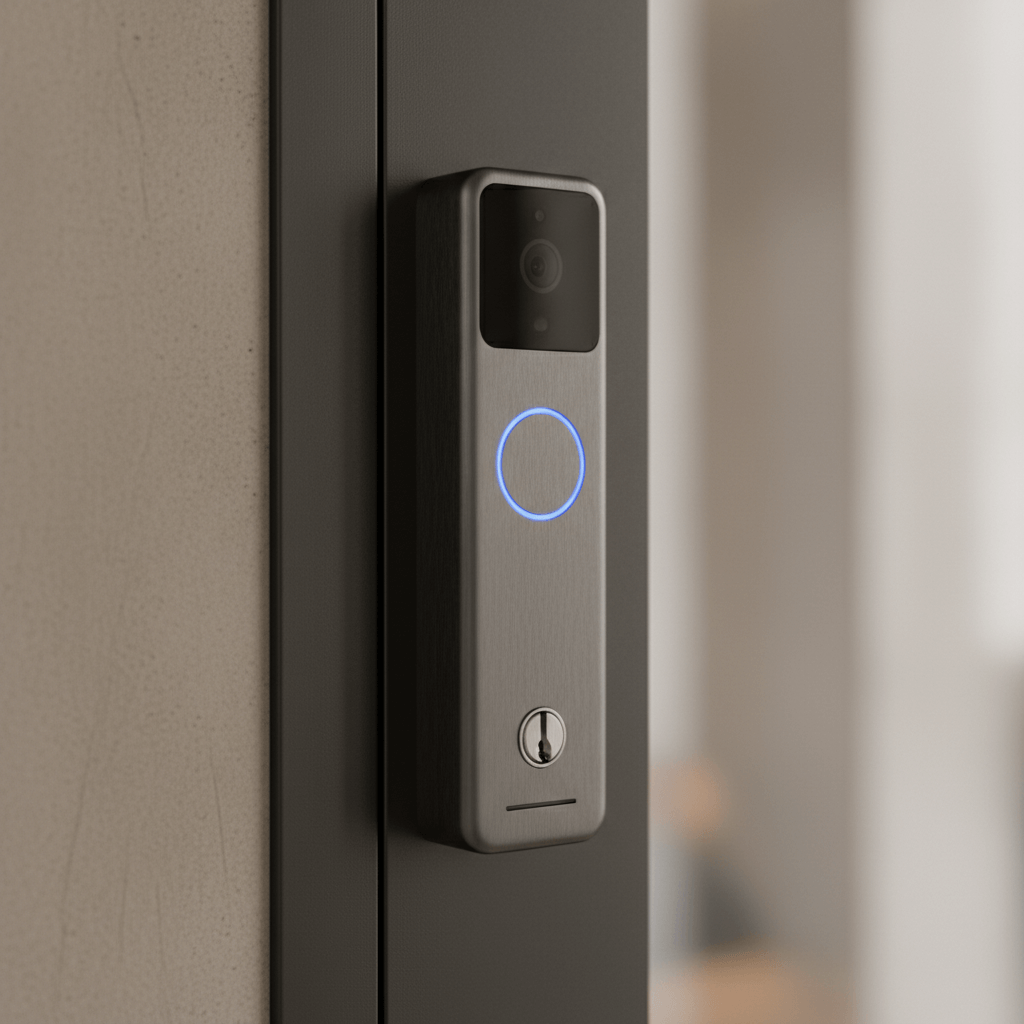 Hand hält Smartphone neben einer Haustür, am Griff ist ein montierter Smart-Lock sichtbar