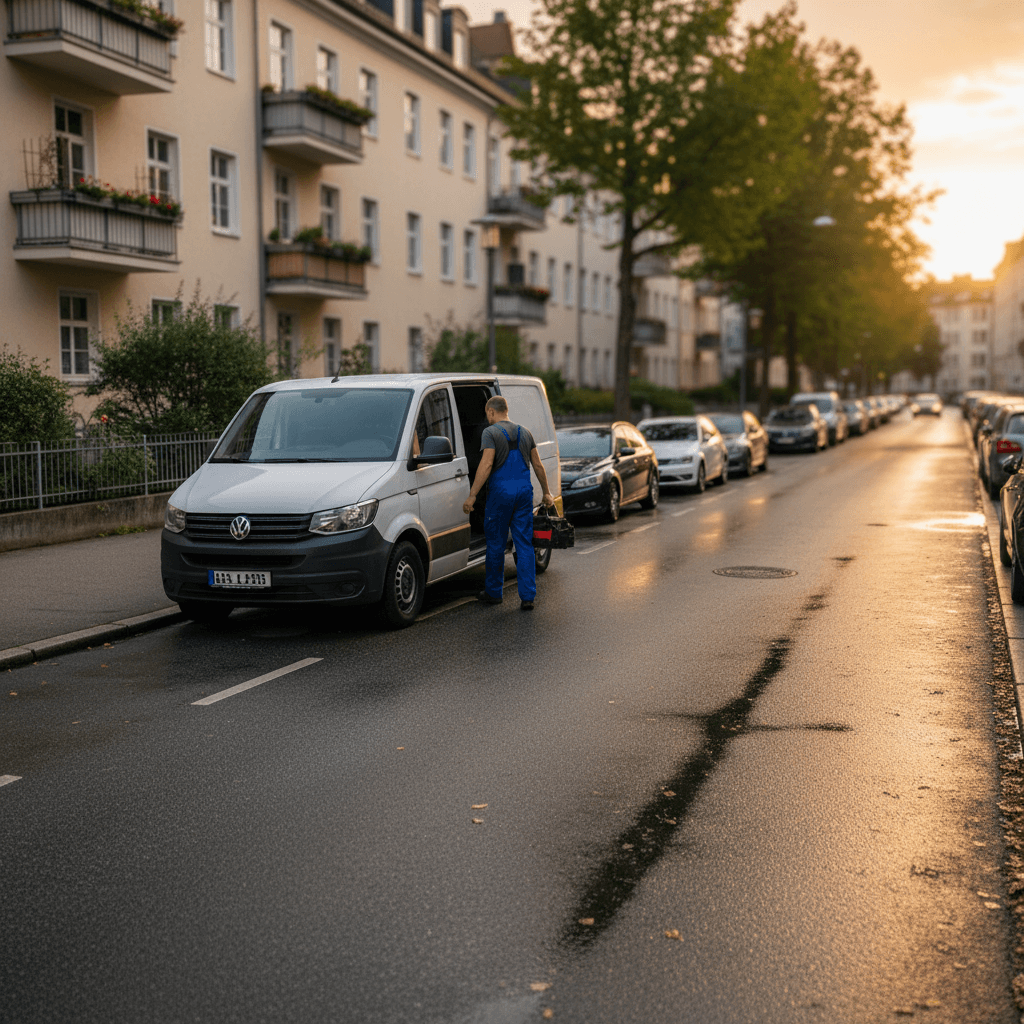 Einsatzfahrzeug steht am Straßenrand, Techniker trägt Werkzeugkoffer Richtung Hauseingang